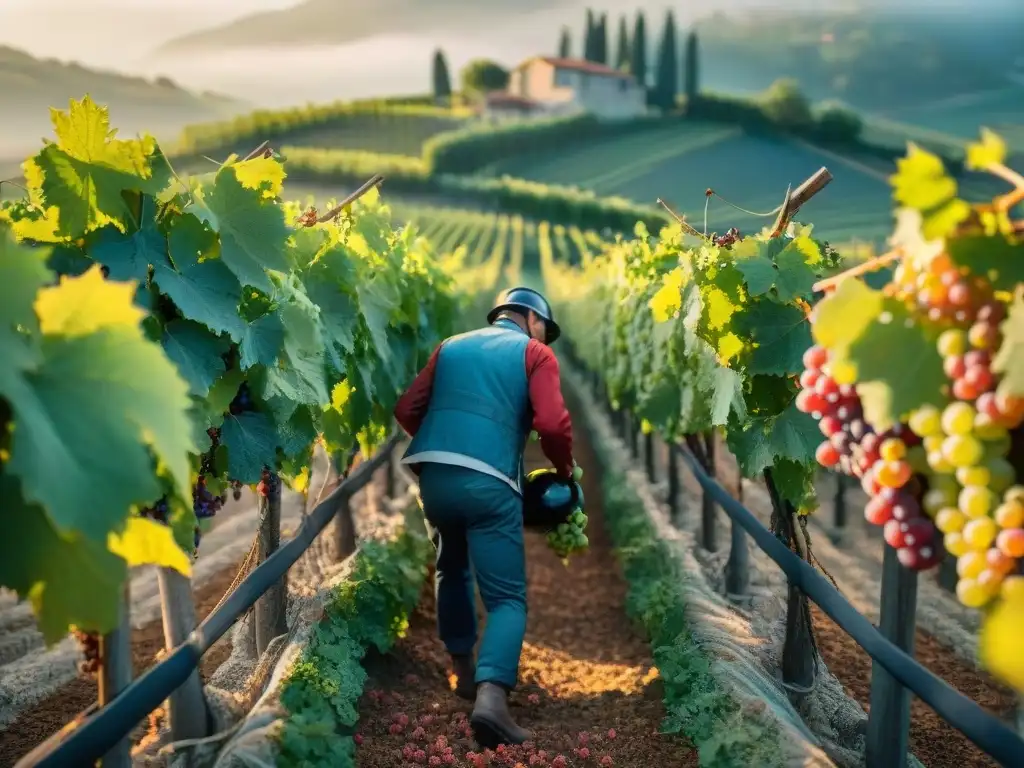 Maridajes perfectos vinos italianos: Vendimia en un viñedo italiano, con trabajadores seleccionando uvas bajo el cálido sol mediterráneo