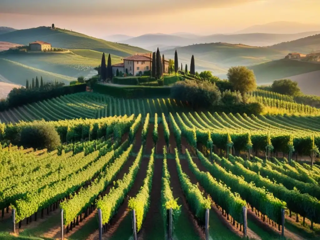 Maridajes perfectos vinos italianos: Viñedo toscano al atardecer, con viñedos exuberantes y una casa rústica