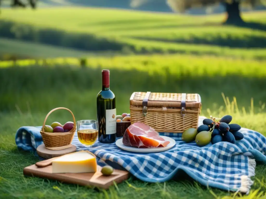 Maridajes perfectos vinos italianos picnic en campo con mantel de cuadros y productos gourmet