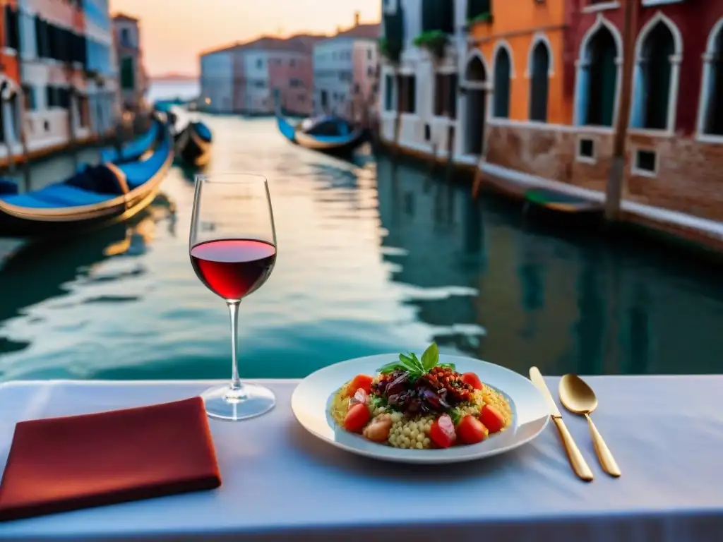 Maridajes refinados vinos Venecia: mesa elegante en Venecia con vino tinto, risotto y bruschetta, junto al canal al atardecer