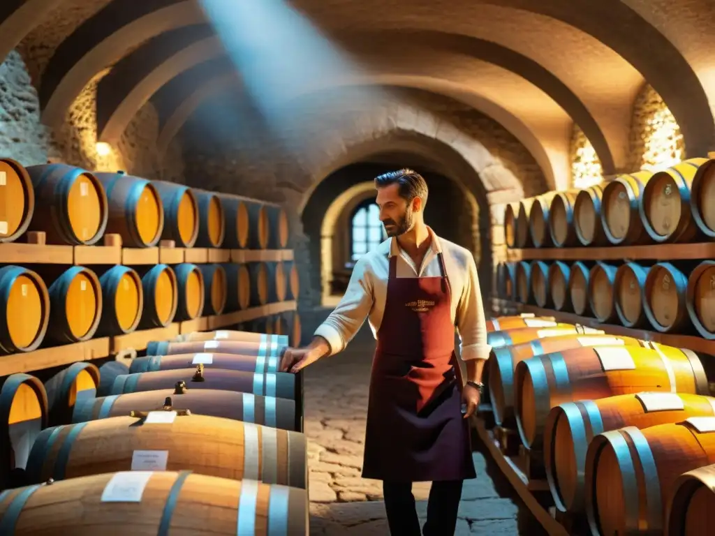 Maridajes de vinos de Umbría: Bodega acogedora en Italia con barriles de roble y sommelier seleccionando vino