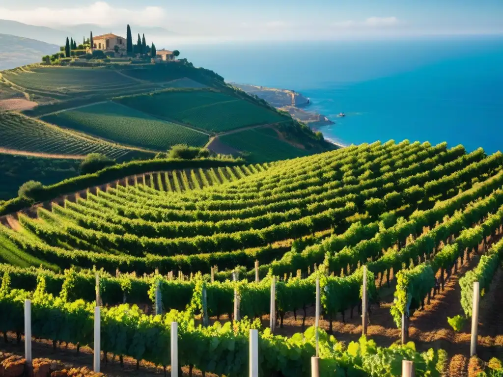 Maridajes vinos cocina italiana tradicional: Viñedo soleado en Sicilia, con el mar de fondo y villa italiana entre viñedos
