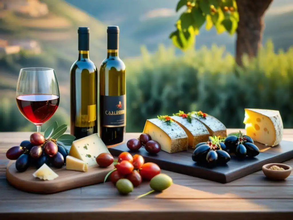 Maridajes con vinos poco conocidos: Mesa rústica con vinos de Calabria, tomates secos, aceitunas y quesos artesanales al atardecer