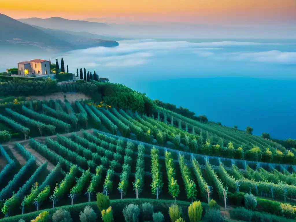 Maridajes con vinos poco conocidos: Viñedos de Calabria al atardecer, con casas de piedra y olivos centenarios
