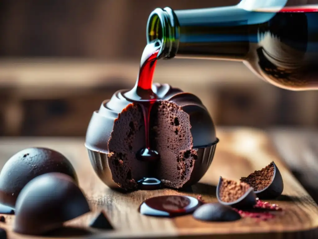 Maridajes vinos italianos chocolate: Trufa de chocolate sumergiéndose en vino tinto, sobre mesa rústica con cacao y botellas elegantes