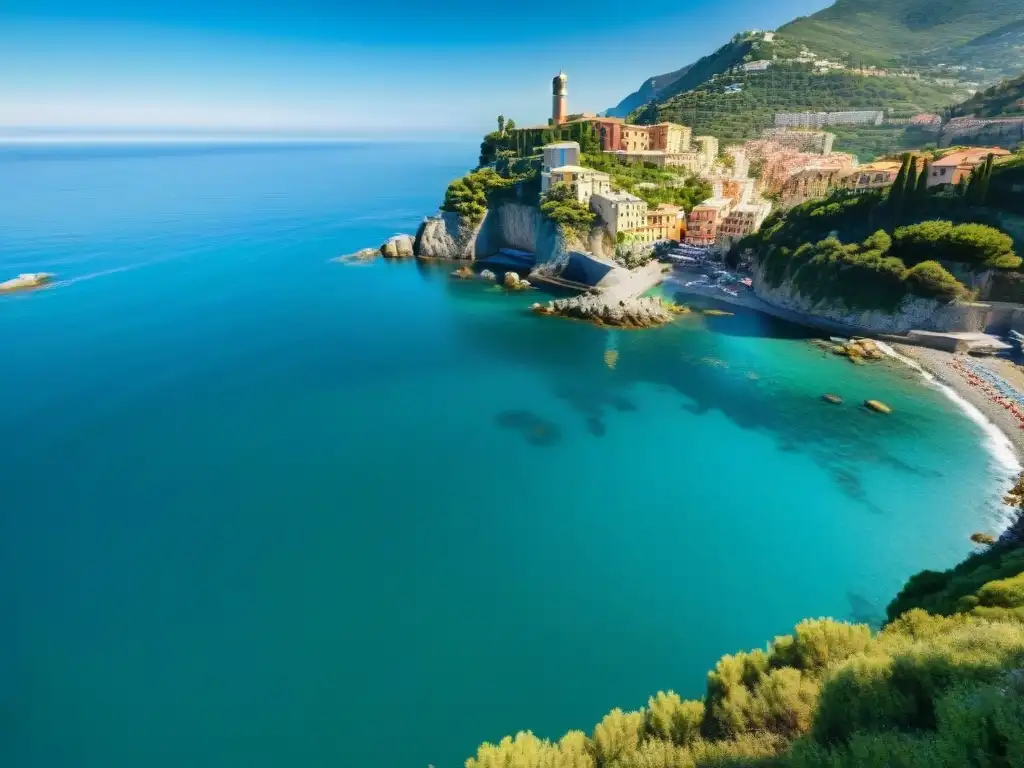 Costa vibrante de Liguria: mar, barcas y paisajes Maridajes vinos Liguria cocina italiana: Escena costera idílica en Liguria, Italia, con colores vibrantes del mar y botes de pesca