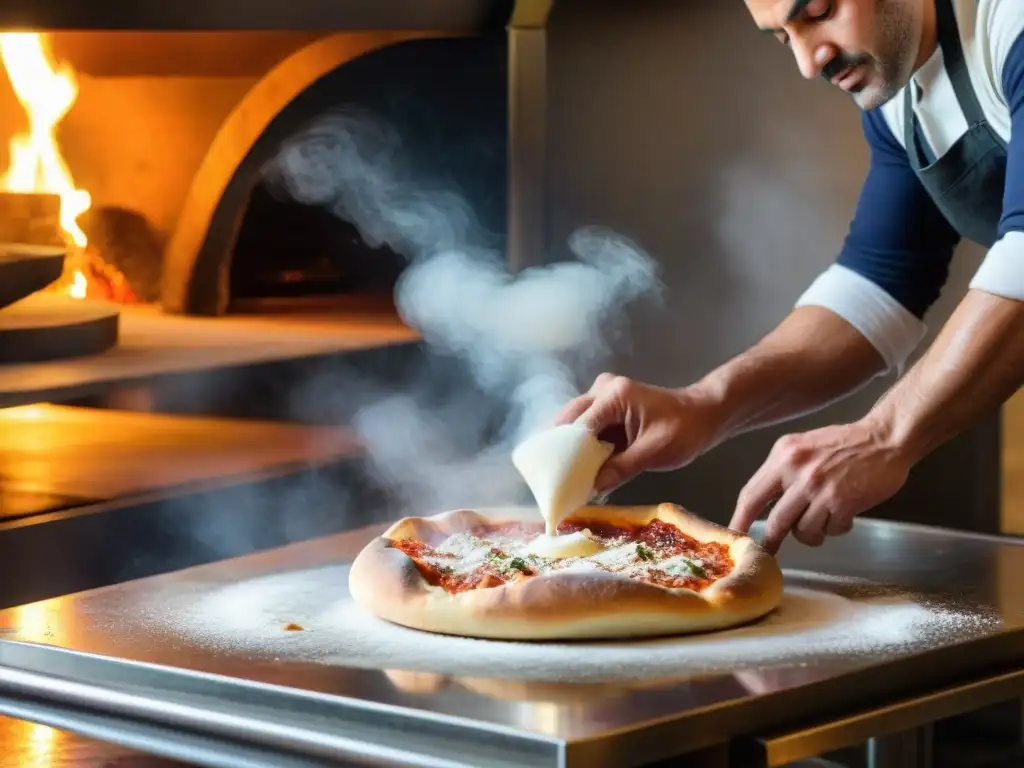 Franco Pepe expertamente estira masa de pizza en una pizzería italiana tradicional, mostrando burbujas de aire