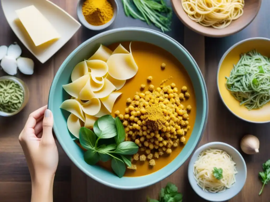 Preparando un matrimonio gastronómico: vibrante mesa de madera con ingredientes para curry pasta, manos mezclando en tazón grande