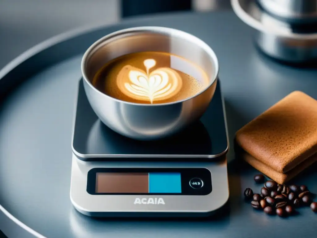 Medición precisa de granos de café en balanza digital Acaia Pearl en cocina moderna con gadgets para preparar espresso en casa