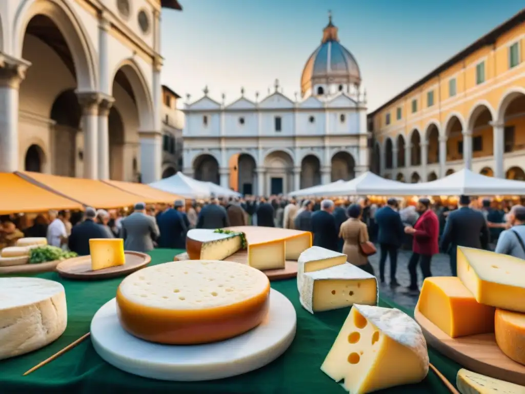 En medio de un bullicioso festival de queso italiano, los visitantes disfrutan de degustaciones y la arquitectura histórica