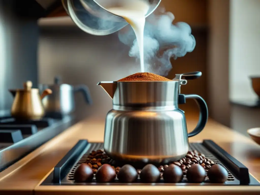 Mejor cafetera italiana moka preparando café recién molido en estufa de gas, con vapor aromático y encanto rústico en la cocina