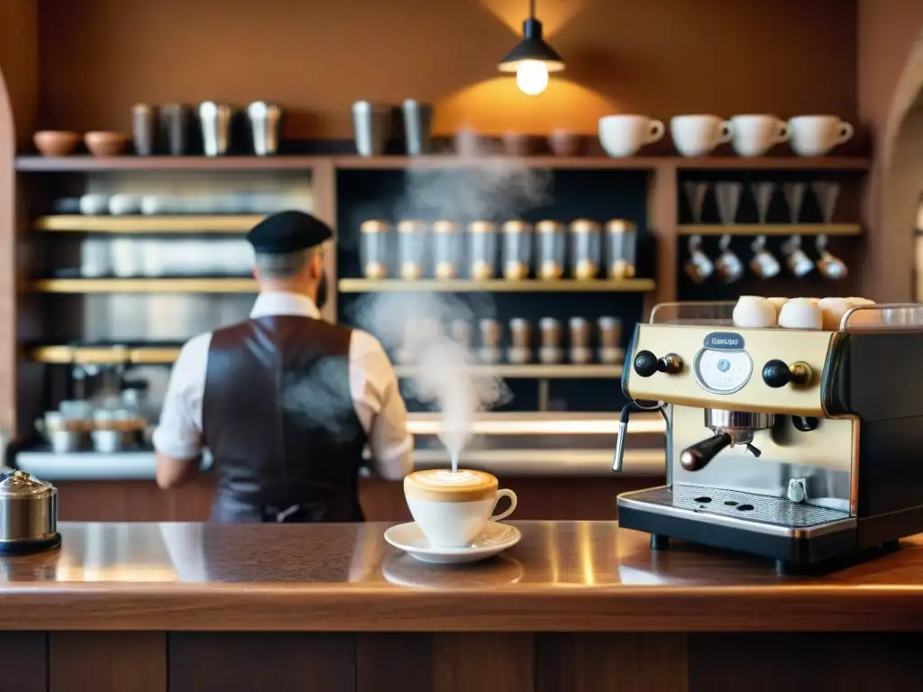 En la mejor cafetería de Roma, un barista crea un cappuccino perfecto en una atmósfera tradicional italiana