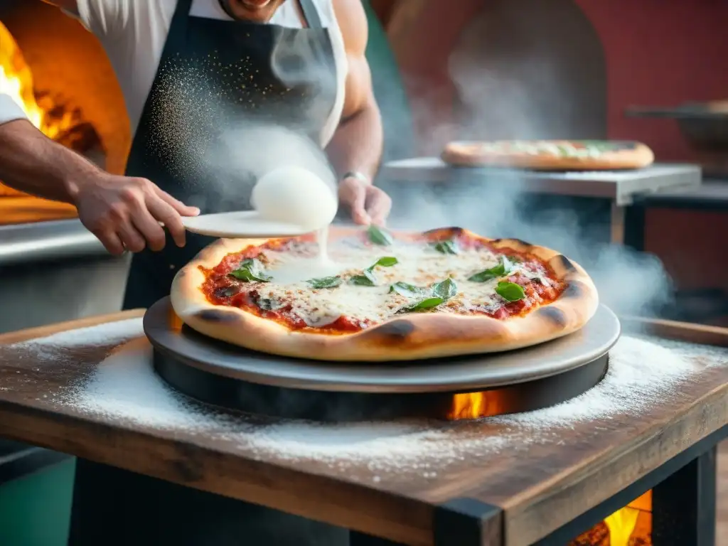 El mejor pizzaiolo de Nápoles tradicional expertamente estirando masa de pizza en el aire, rodeado de harina en suspensión en una pizzería rústica