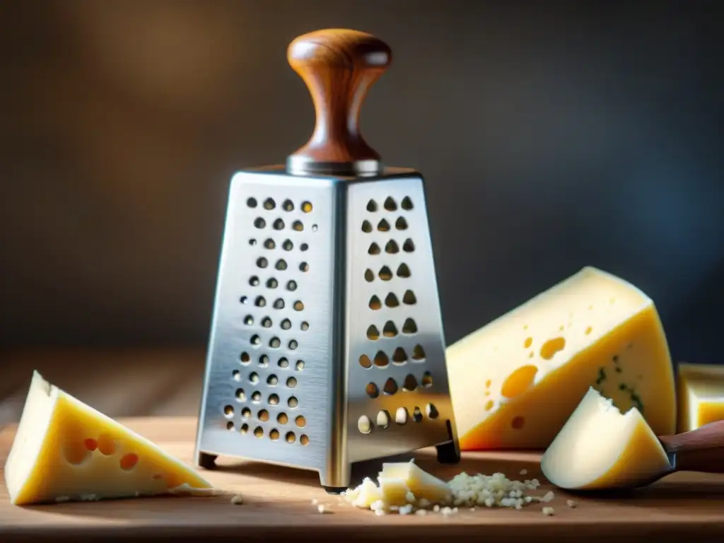 El mejor rallador de queso duro italiano en acero inoxidable con mango de madera, destacando la artesanía y eficiencia