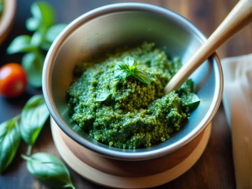 Preparando la mejor receta pesto genovés casero con albahaca fresca, piñones, ajo y queso parmesano, en un mortero