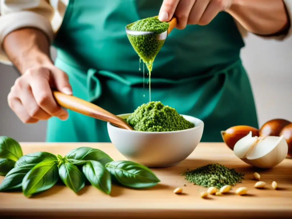 Preparando la mejor receta pesto genovés casero con ingredientes frescos y coloridos, expertamente triturados en un mortero por las manos de un chef