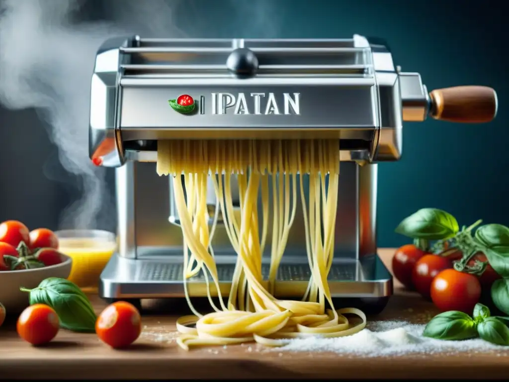 Mejores electrodomésticos cocina italiana: Máquina de pasta moderna extrayendo espaguetis frescos, con tomates y albahaca en el fondo