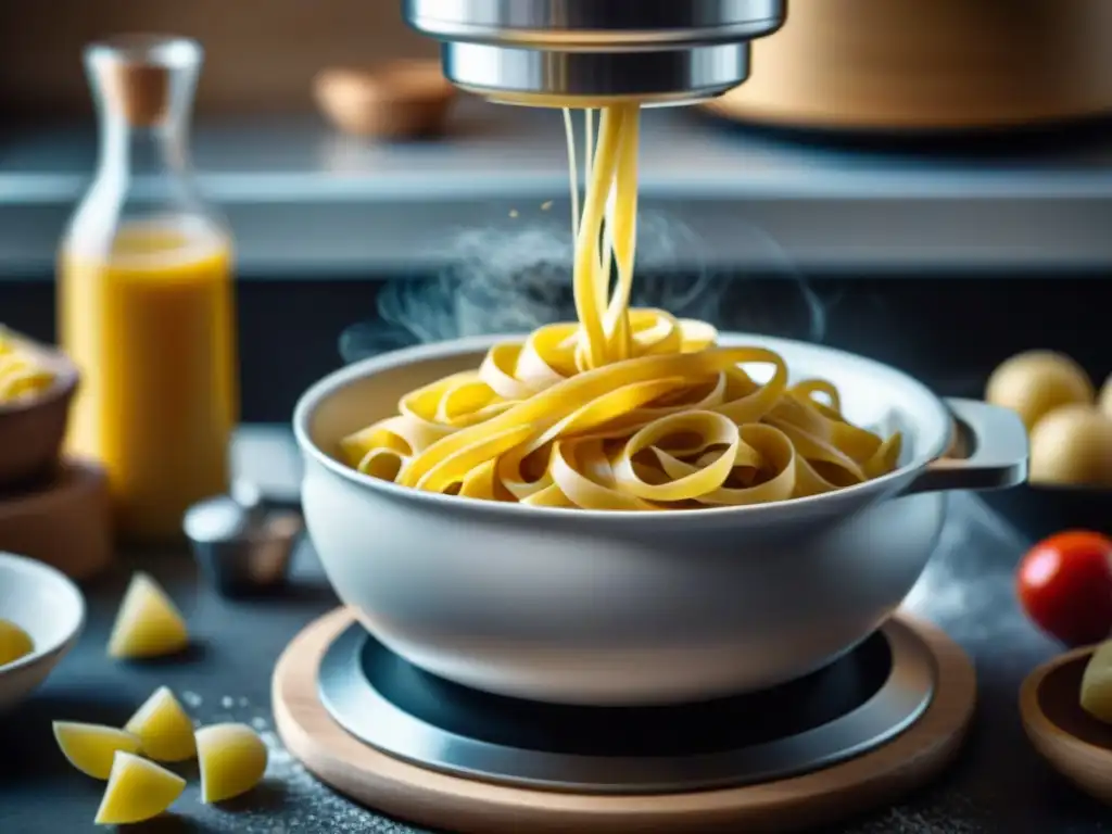 Mejores electrodomésticos para pasta fresca: Máquina de cocina de alta gama amasando y moldeando masa de pasta en una cocina moderna y luminosa