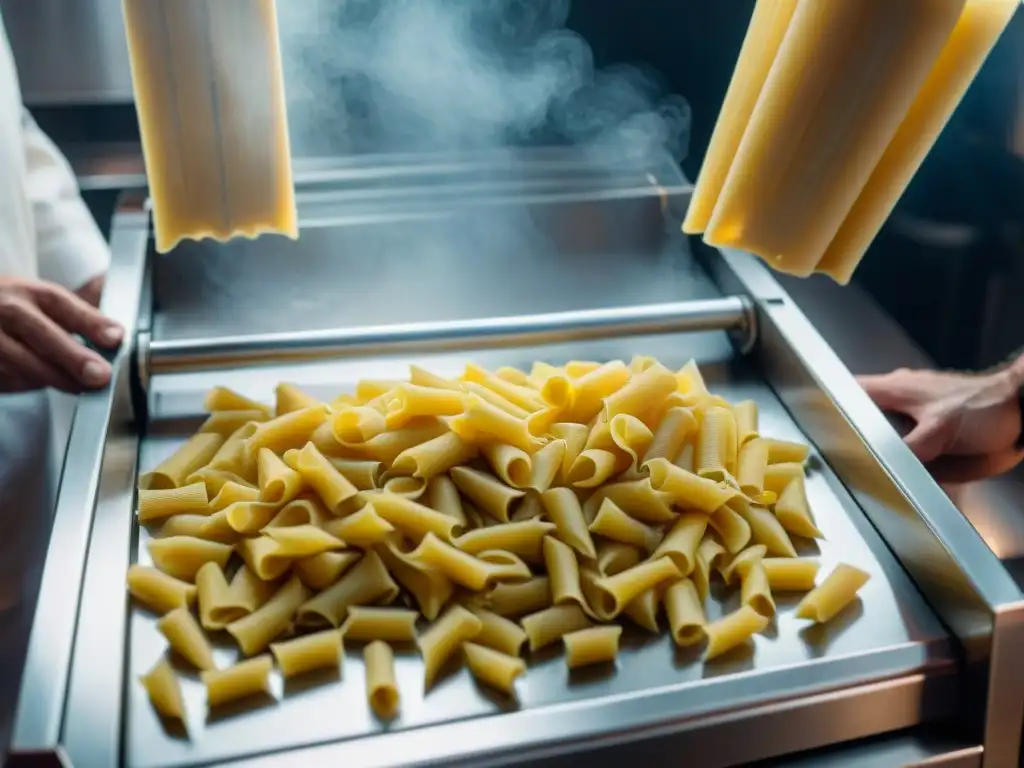 Mejores electrodomésticos para pasta fresca: Máquina de pasta de acero inoxidable extruyendo pasta fresca dorada a través de un molde de bronce