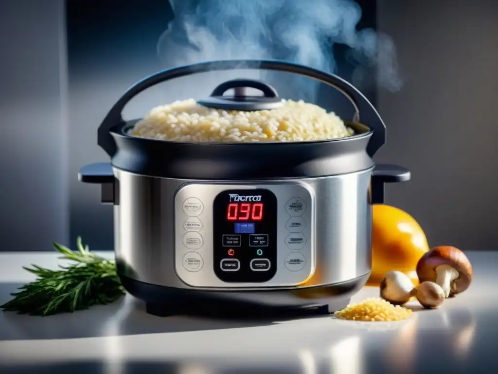 Los mejores electrodomésticos para cocinar risotto: Detalle de un moderno cocedor de risotto con ingredientes frescos