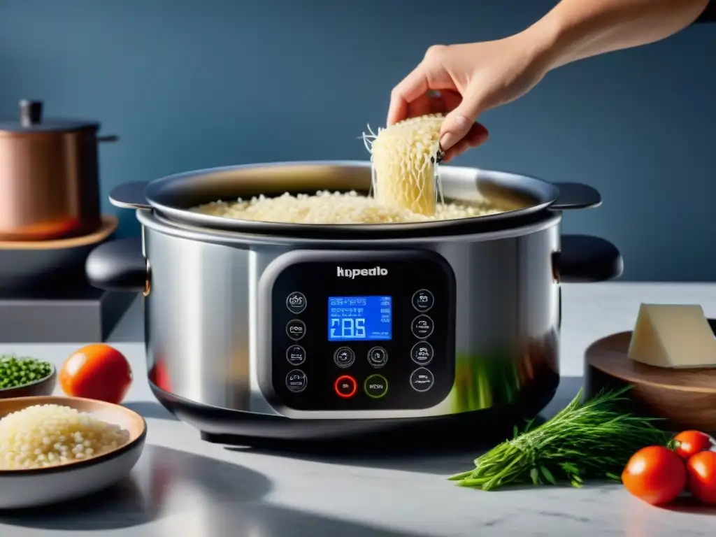 Los mejores electrodomésticos para cocinar risotto: un moderno arrocera con panel digital rodeada de ingredientes frescos y coloridos