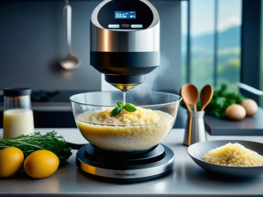 Los mejores electrodomésticos para cocinar risotto: una vista detallada de una moderna cocineta con un elegante robot preparando un risotto cremoso