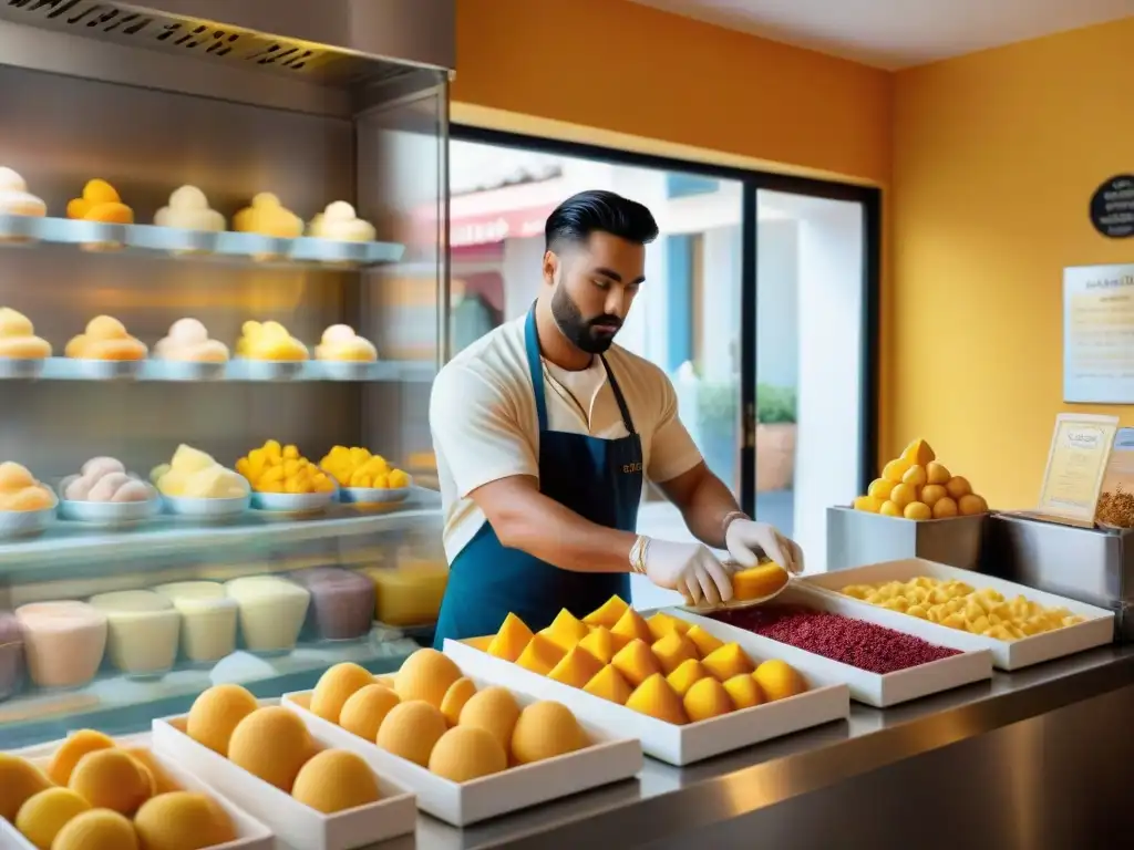 Mejores sabores de gelato verano: Maestro de gelato preparando mango fresco en tienda tradicional