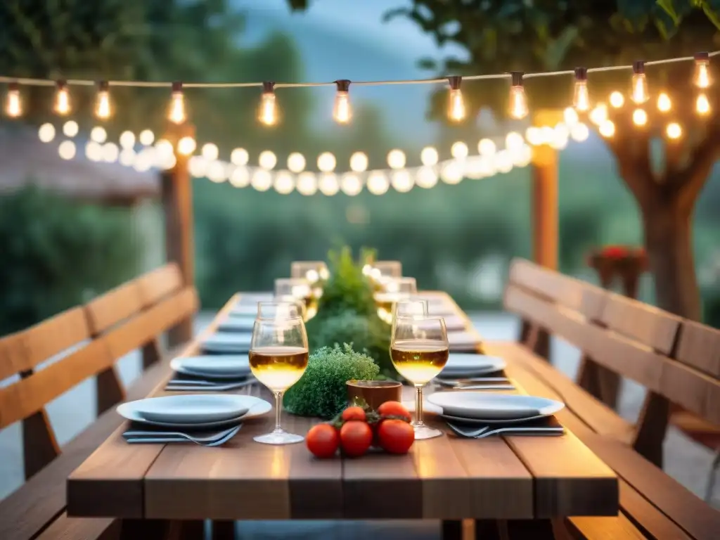 Menús de cocina italiana para eventos en una mesa larga al aire libre con platos clásicos y decoración rústica en una atmósfera cálida y acogedora