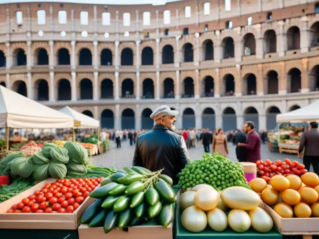 Mercado de agricultores en Roma, con productos frescos y coloridos