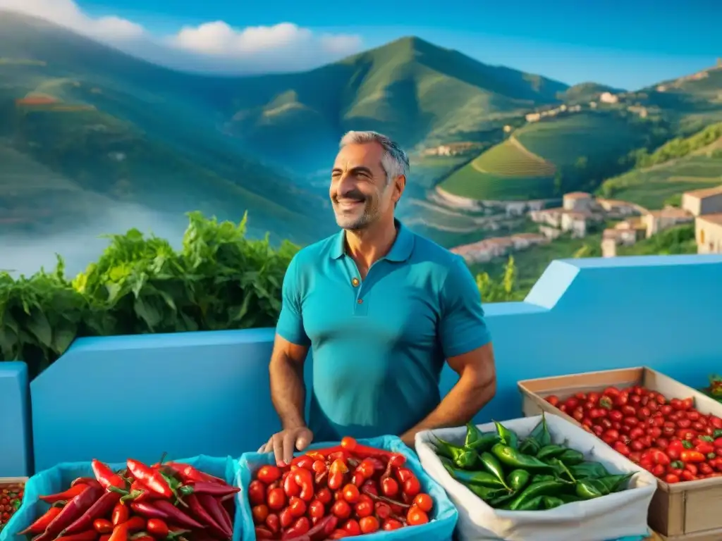 En un mercado al aire libre en Calabria, Italia, el agricultor local entusiasma a los clientes con variedades de chiles picantes