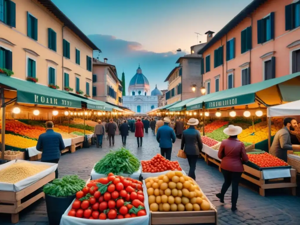 Un mercado al aire libre en una animada plaza italiana con platos icónicos de la cocina italiana