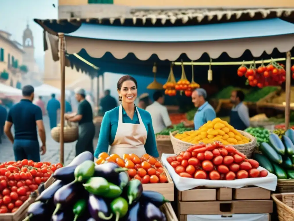 Mercado al aire libre en Sicilia con influencia española en caponata siciliana