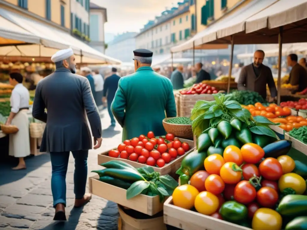 Un mercado al aire libre en Milán, Italia, rebosante de productos frescos y coloridos