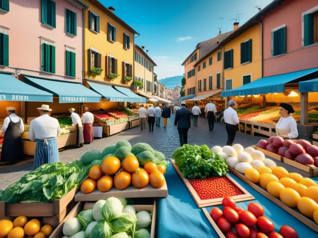 Un mercado al aire libre en Italia rebosante de coloridas verduras, frutas vibrantes y quesos artesanales, en el corazón de la cocina vegana en Italia