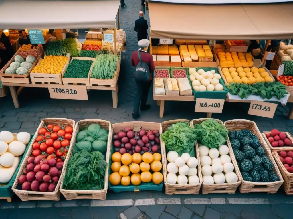 Mercado al aire libre en Italia con tendencias culinarias restaurantes Italia, colores vibrantes y productos frescos