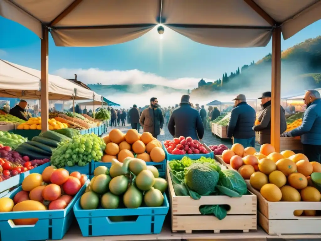 Mercado agrícola italiano: colorido y vibrante Mercado al aire libre en Italia con vibrante variedad de frutas y verduras frescas, interacción entre vendedores y clientes bajo cielo azul