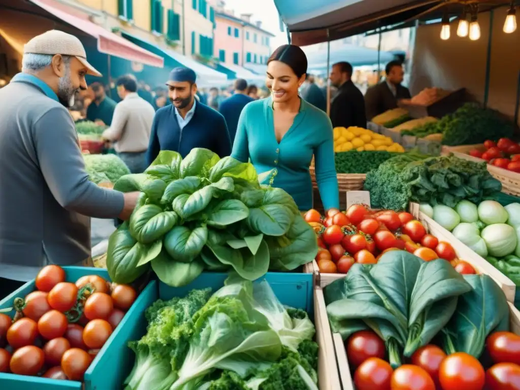 Un mercado al aire libre en Italia con una vibrante exhibición de vegetales frescos