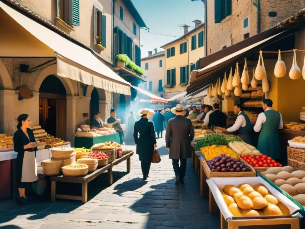 Un mercado animado en Umbría, Italia, con la receta tradicional de Torta al Testo en pleno apogeo