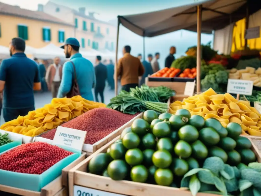 Mercado bullicioso en Apulia, Italia, con productos frescos, especias coloridas y pasta artesanal