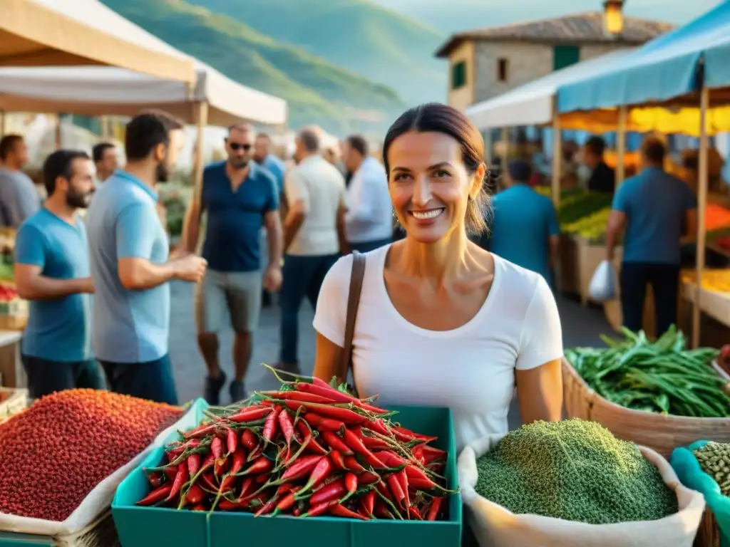 Mercado bullicioso en Calabria, Italia, con cocina picante y paisaje auténtico