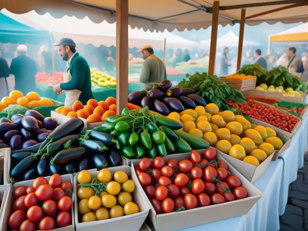 Un mercado agrícola italiano bullicioso y colorido, reflejando prácticas sostenibles en la cocina italiana moderna