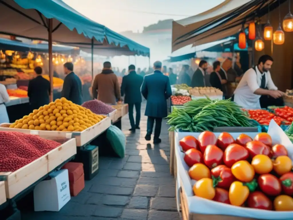 Un mercado bullicioso en España, con coloridos ingredientes frescos y arquitectura tradicional, reflejando la influencia española en el risotto