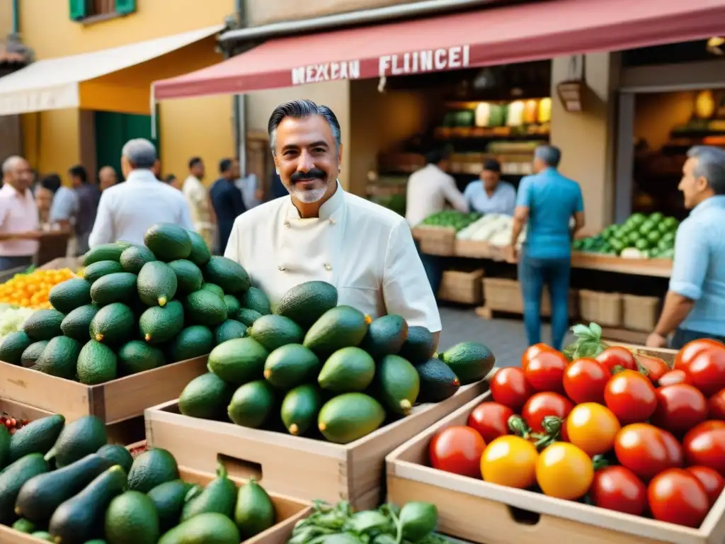 Un mercado bullicioso en Florencia con ingredientes mexicanos y clientes italianos, fusionando culturas