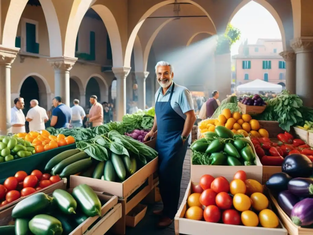 Un mercado bullicioso en Italia con frutas y verduras frescas y coloridas