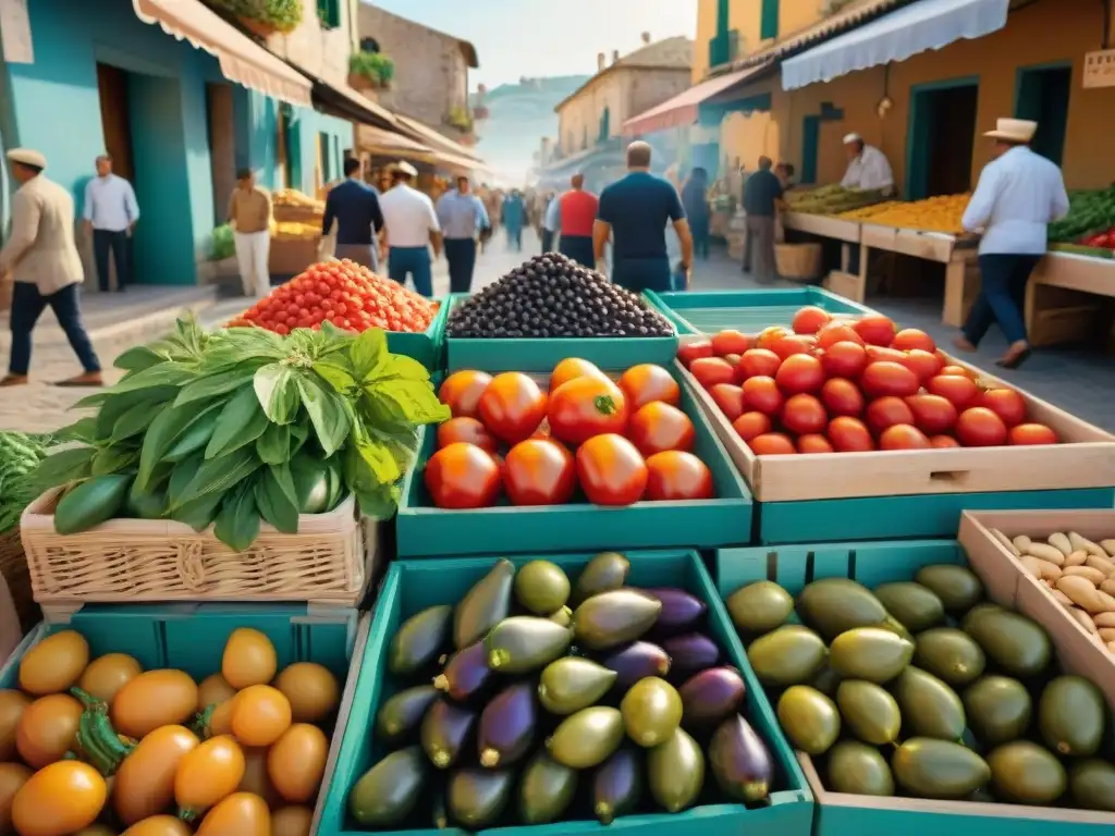 Un mercado bullicioso en Sicilia con influencia española en caponata siciliana