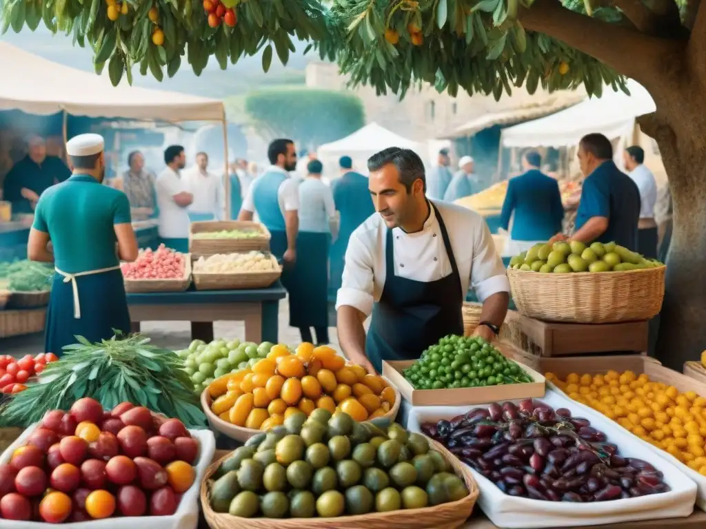 Un mercado bullicioso en Sicilia con influencia española en caponata siciliana