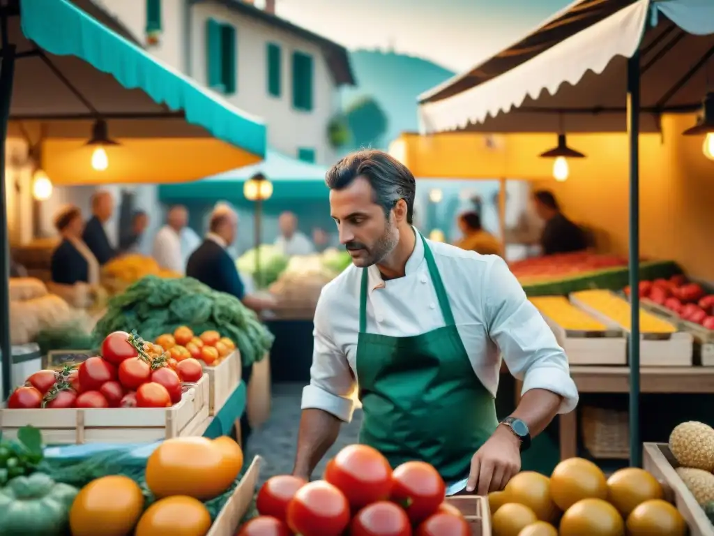 Un mercado bullicioso en Piamonte, Italia, fusionando influencias culinarias francesas con la cocina local