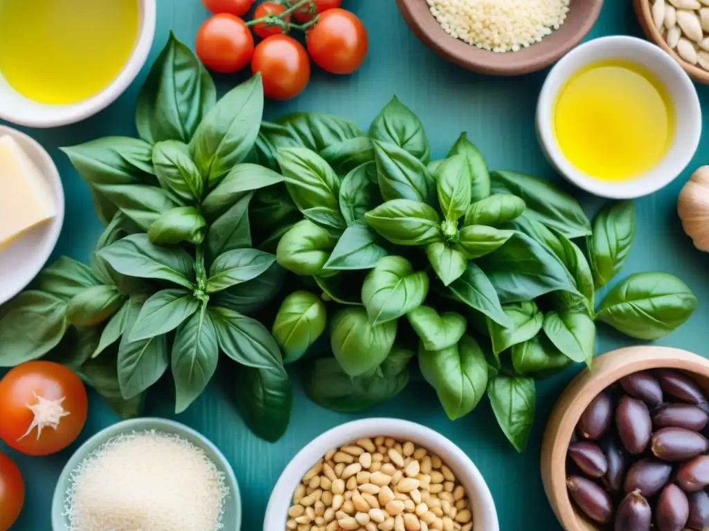 Un mercado bullicioso en Liguria, Italia, mostrando los ingredientes clave del pesto: albahaca fresca, piñones, ajo, queso parmesano y aceite de oliva