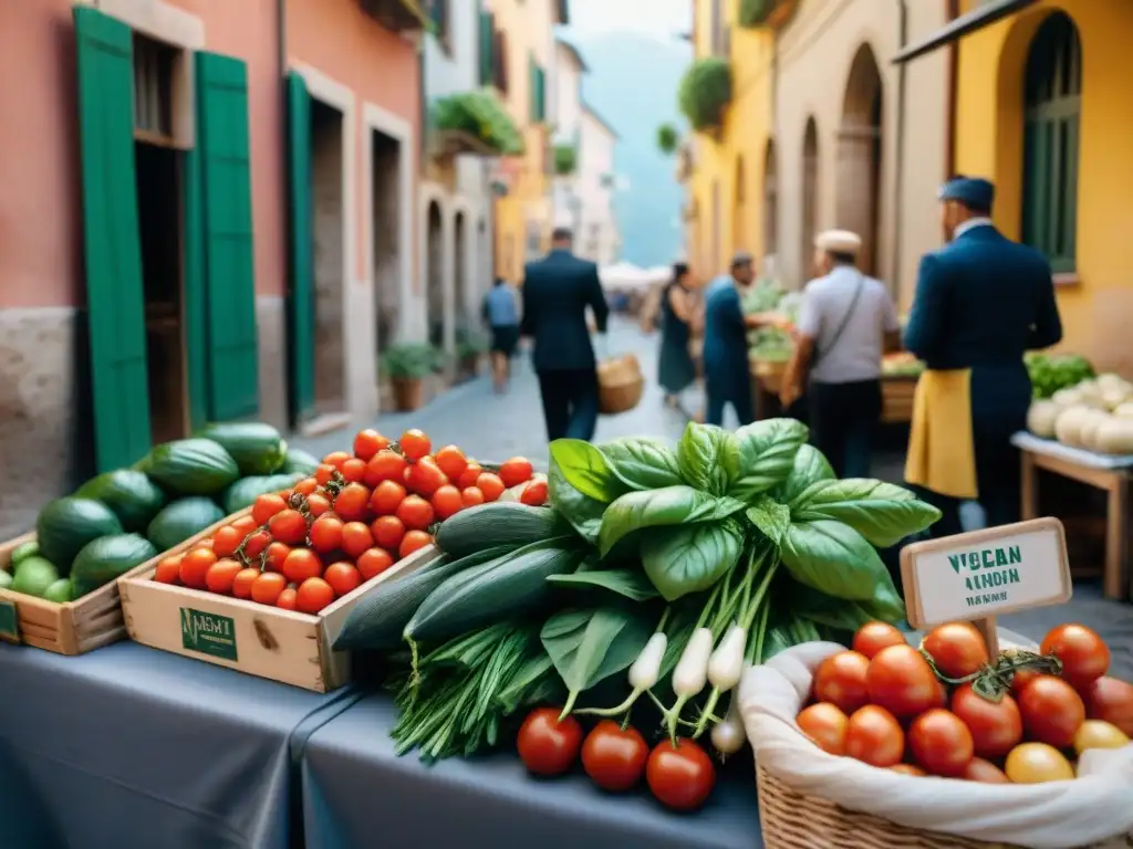 Un mercado bullicioso en Italia con ingredientes veganos frescos y coloridos