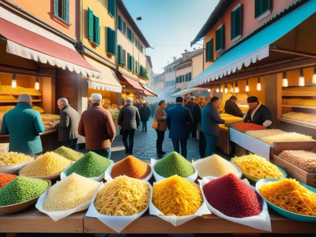 Mercado bullicioso en el norte de Italia con pastas rellenas frescas en mesas de madera y vendedores locales atendiendo a clientes felices